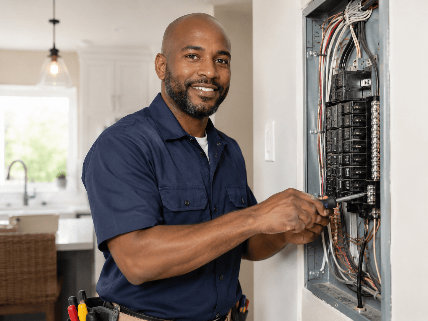 Electrician working on a home’s electrical panel