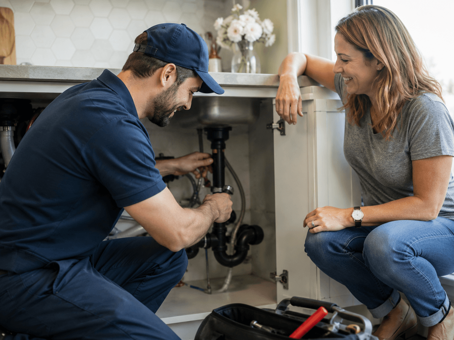 Plumber repairing a fixture in a customer’s home