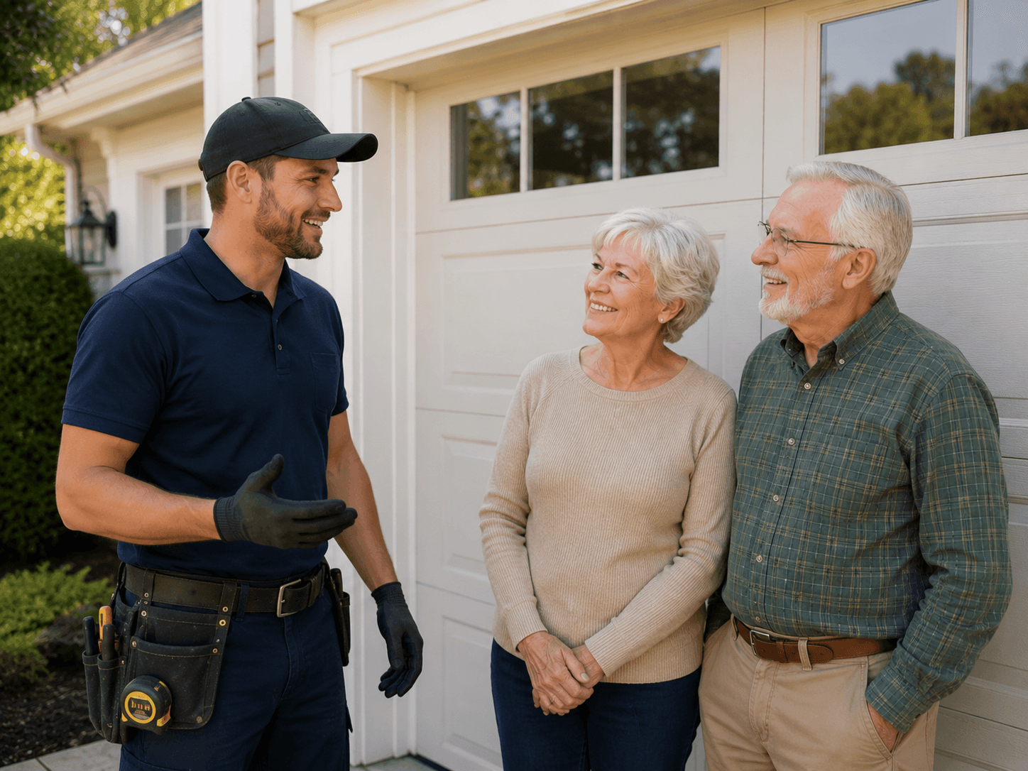 Garage door installer working on a home garage door