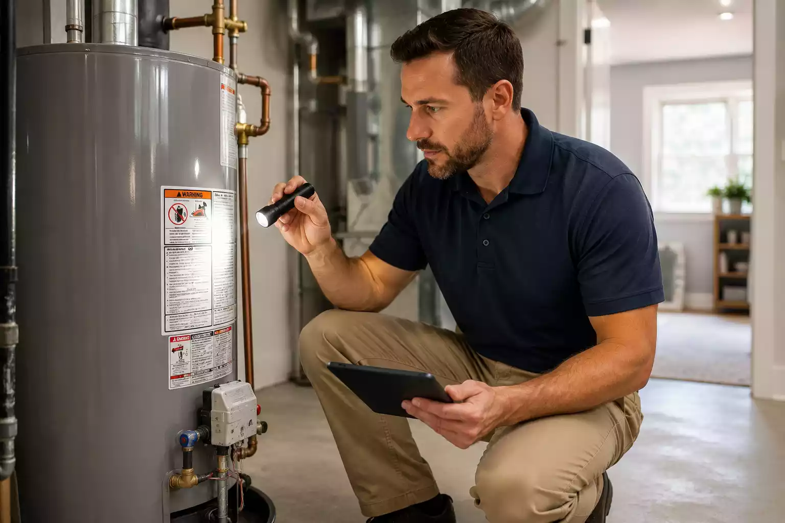Home inspector inspecting a water heater