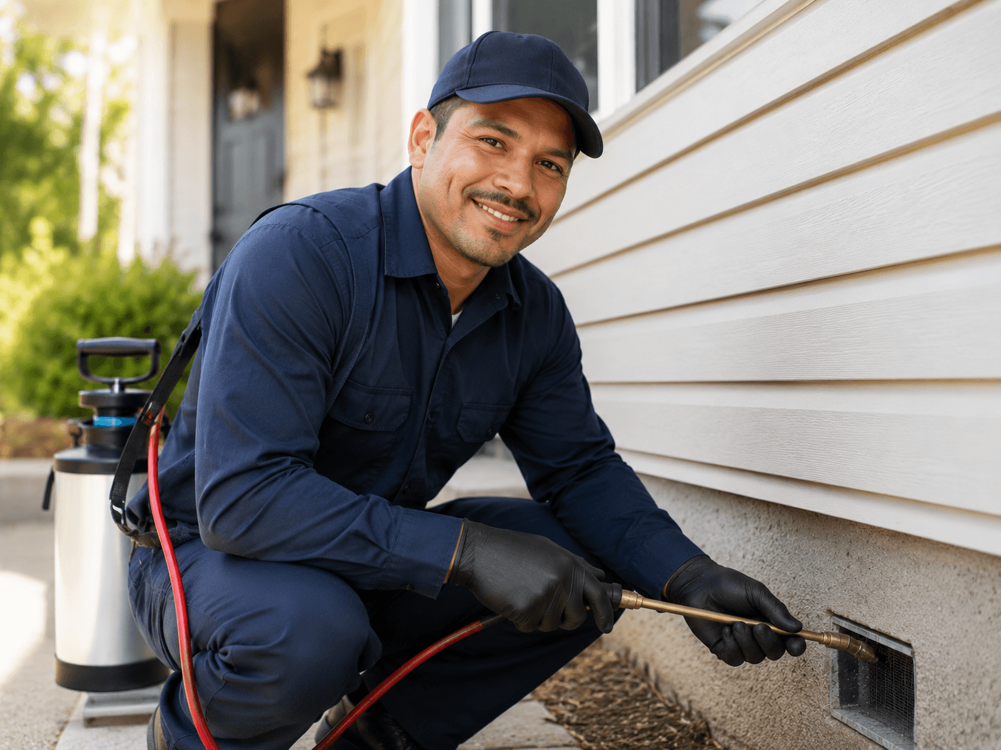 Pest control technician treating a home