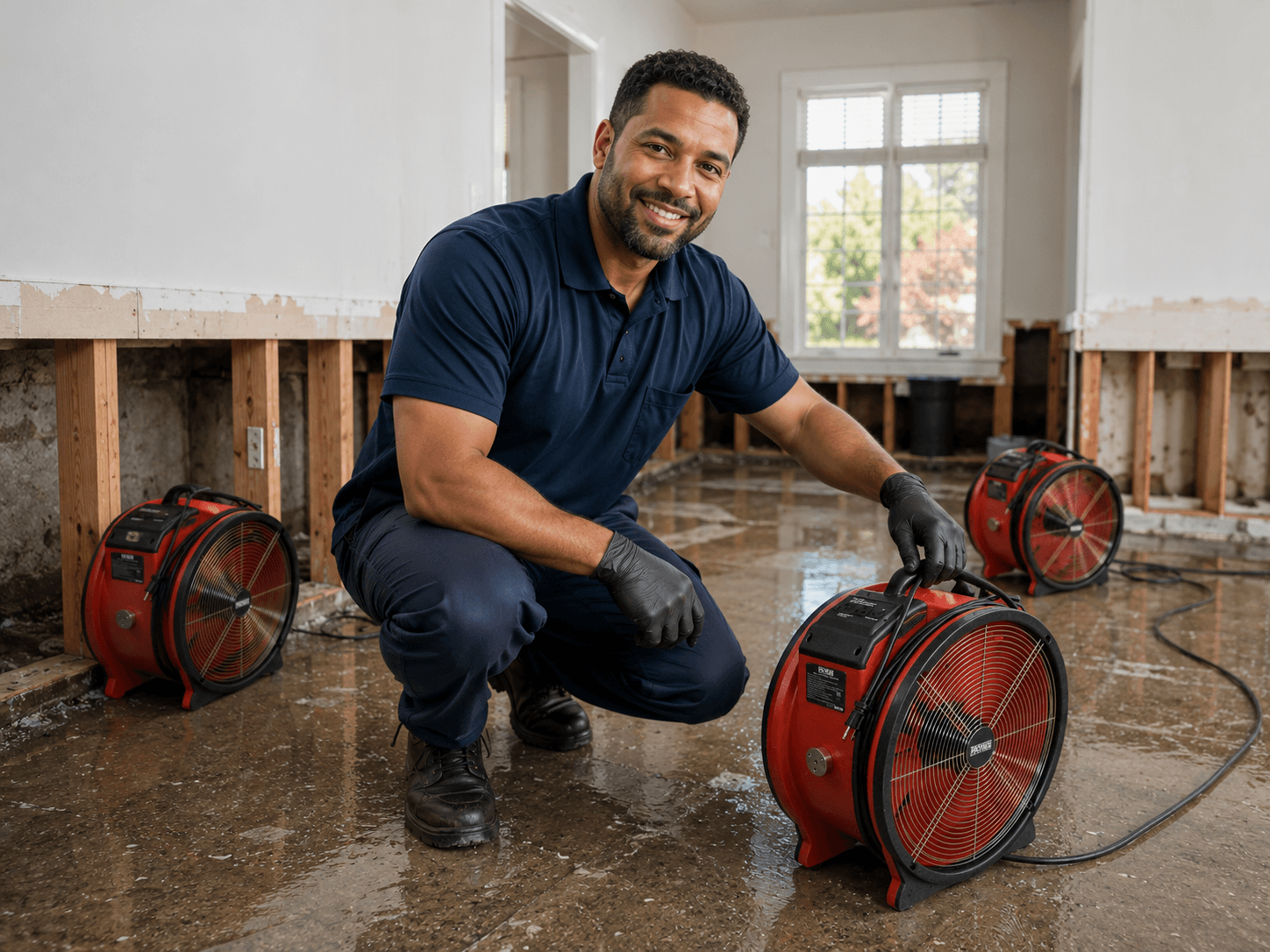 Water damage restoration technician drying out a flooded home
